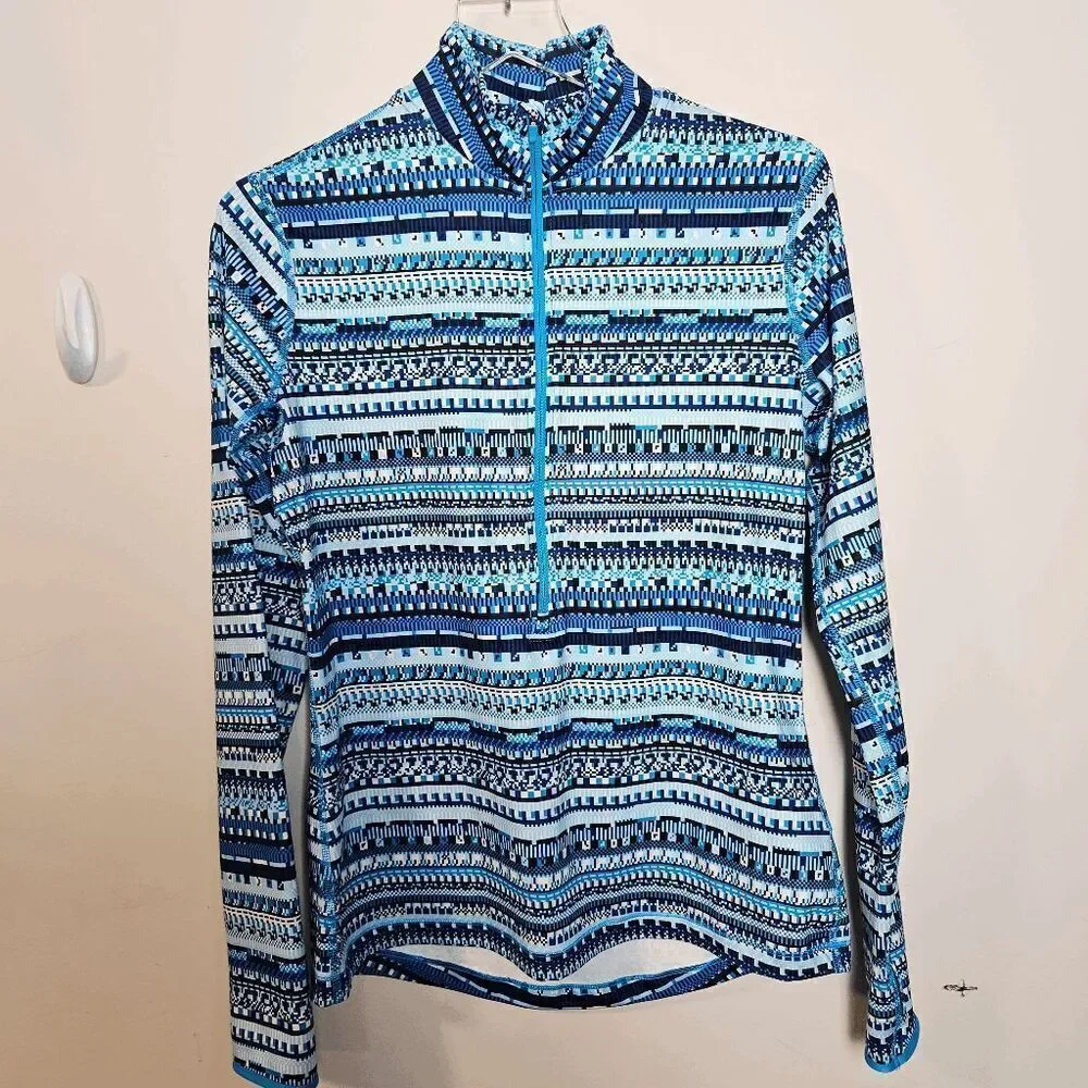 Nike Pro Dri fit Warm 1/2 Zip Long Sleeve Sweater Women's Trival Blue Print Size